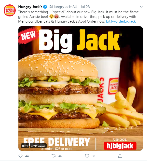 Tweet from Hungry Jack's about their new "Big Jack", July 2020