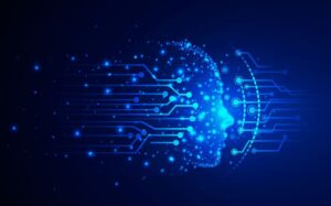 Ai - representation of human face and synaptic imagery on blue background