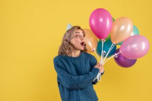 Young Female Holding Colorful Balloons Yellow 1