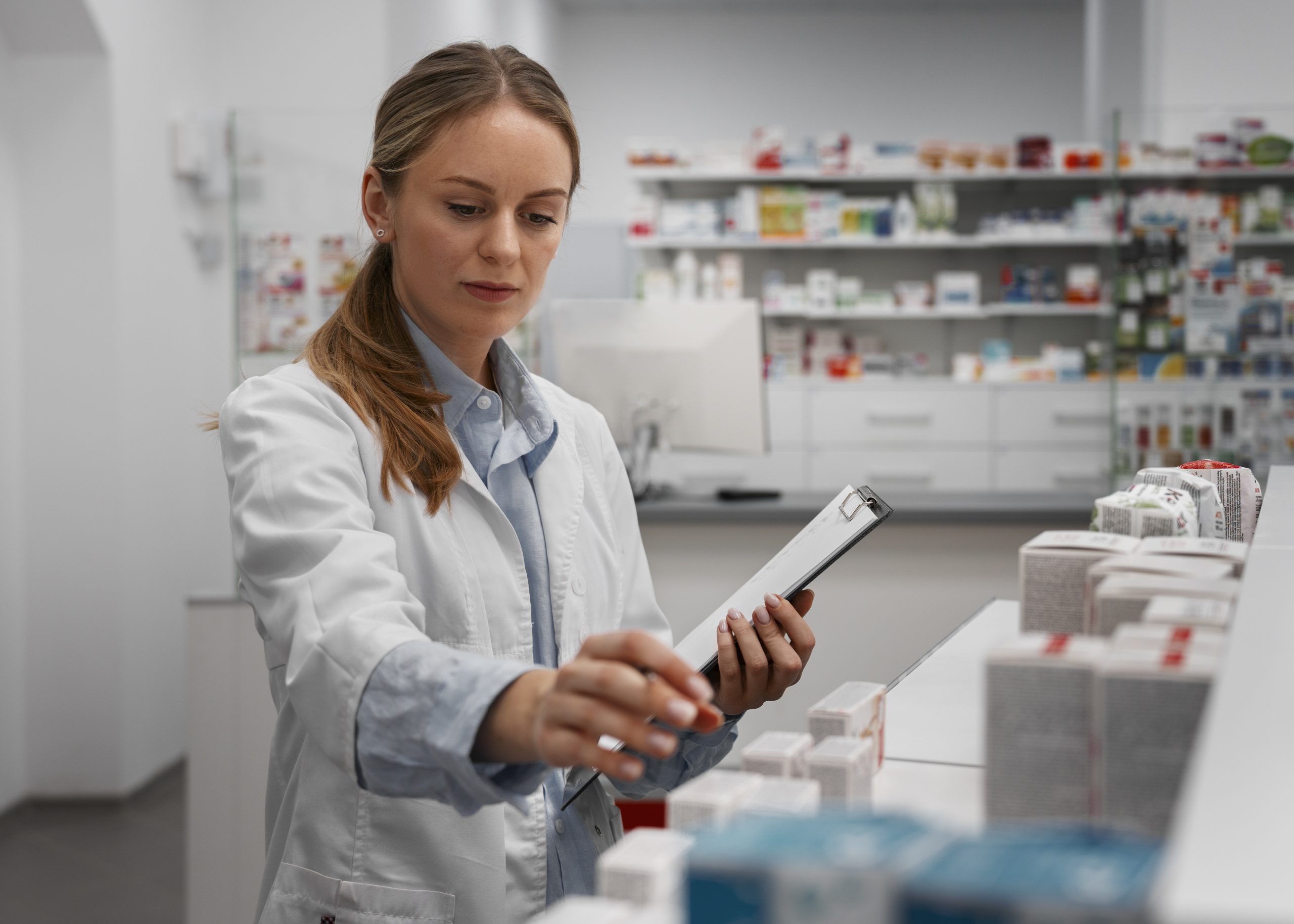 Female Pharmacist Checking Medicine With Clipboard